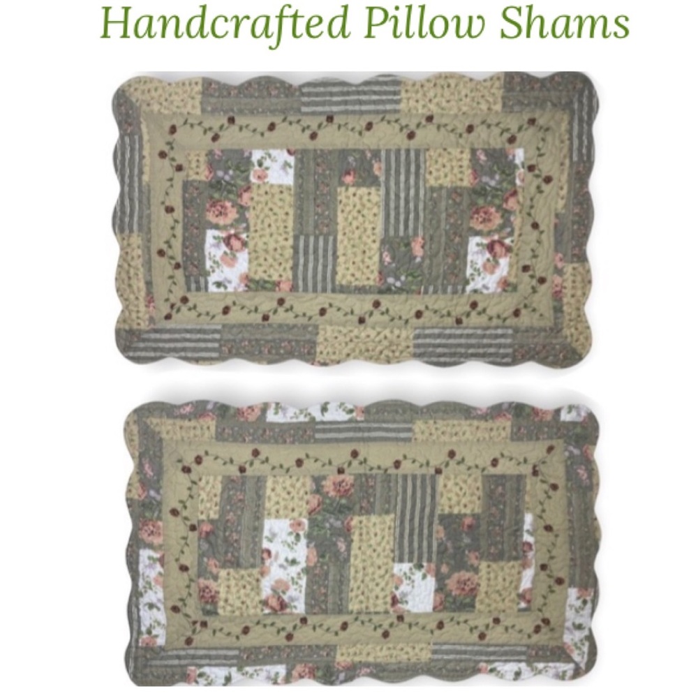 Vintage Patchwork Quilt Hand Crafted Pillow Shams Floral Cottage Core Tan Pink